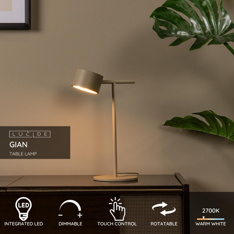 Lucide GIAN - Stolová lampa - LED Dim. - 1x8W 2700K - Taupe